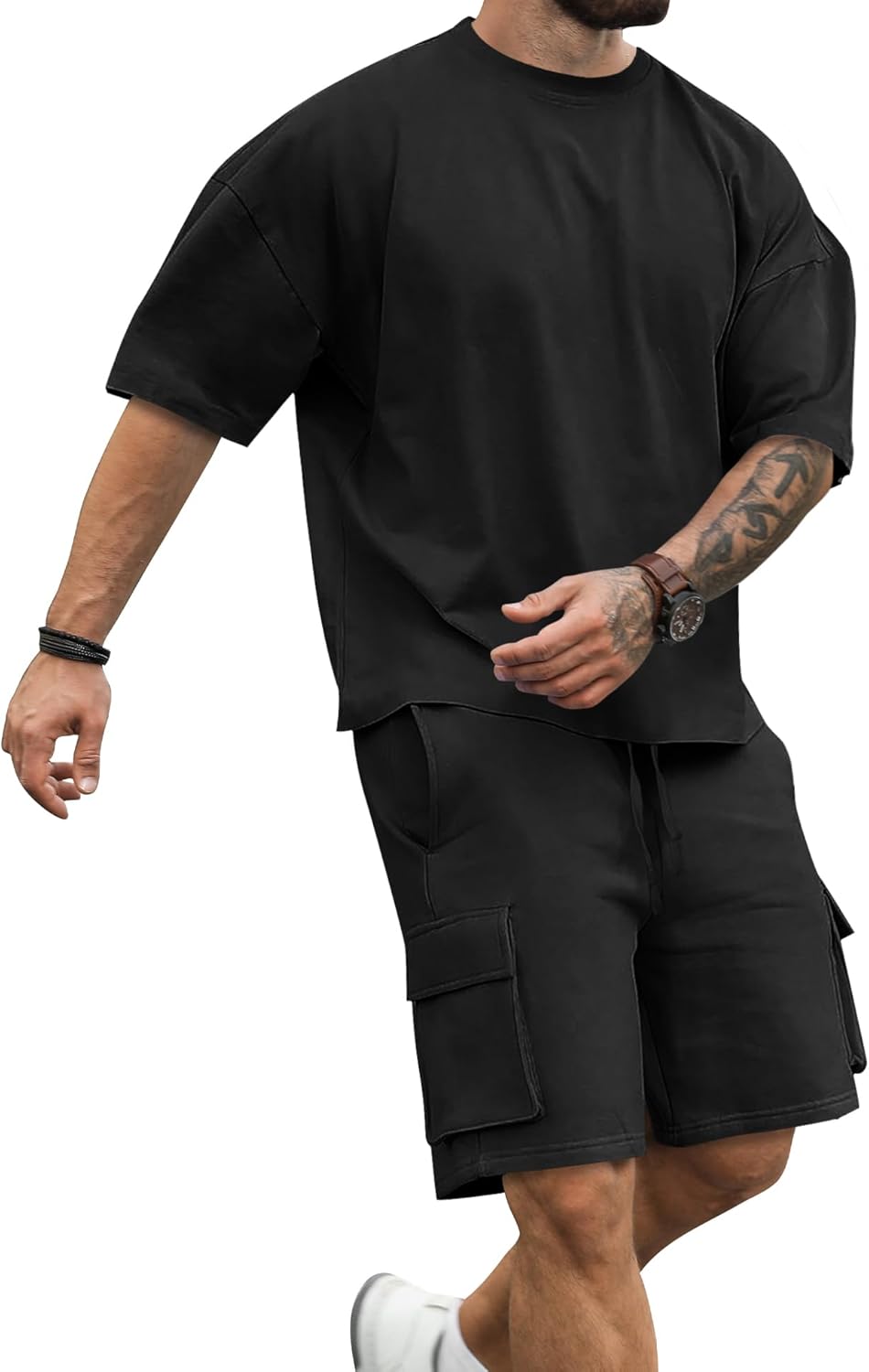 Men Short Sets 2 Piece Outfits Short Sleeve Crewneck Summer T Shirt and Drawstring Casual Track Shorts Set