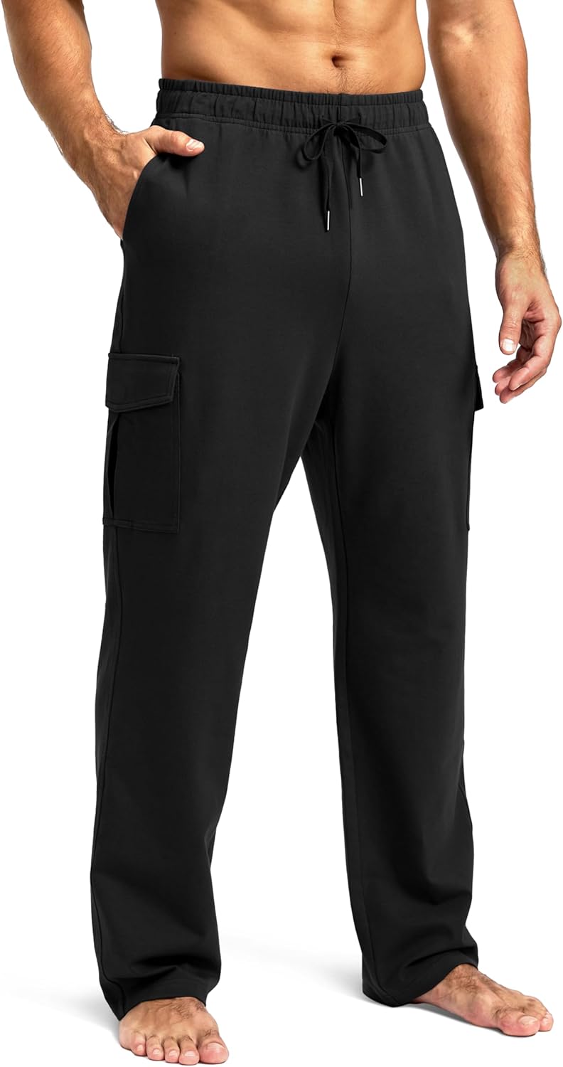 Men's Cotton Sweatpants with Cargo Pockets Open Bottom Yoga Pants for Men Lounge Pants for Athletic Workout Casual