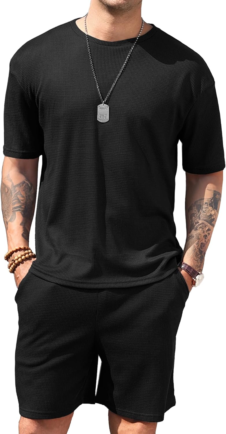 Men Short Sets 2 Pieces Outfits Waffle Knit Lounge Set Short Sleeve Summer Casual Tracksuit